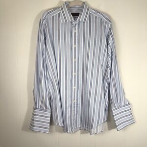 Etro Milano Mens Blue White Stripe Dress Shirt French Cuff Made in Italy 43 L/XL